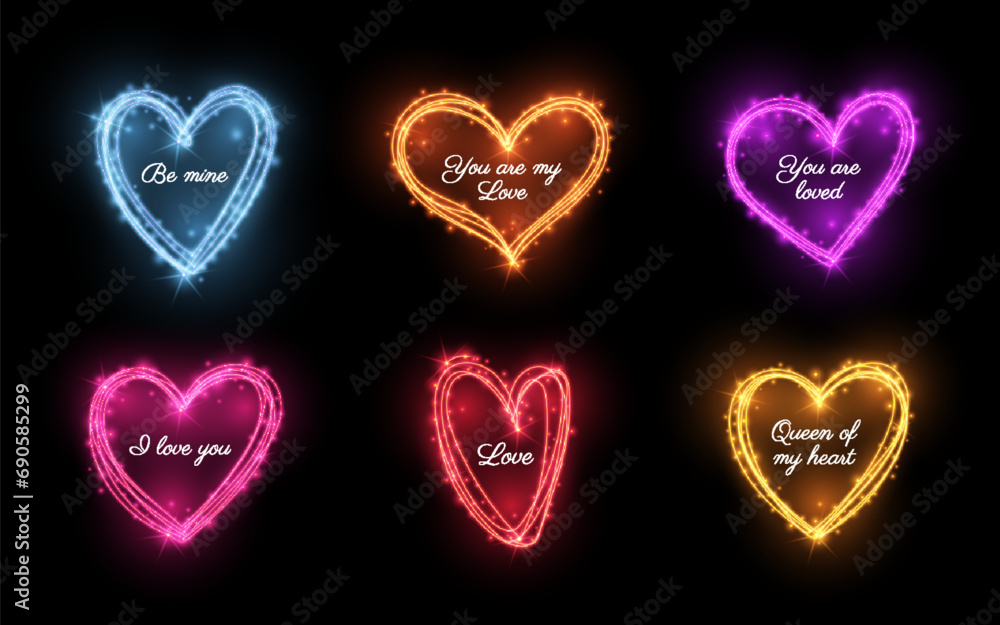 Heart shape frames with colorful light glow effect. Firework magic sparkles shine template for love romantic text message I love you. Valentine day greeting card Be mine. Banner sticker You are loved