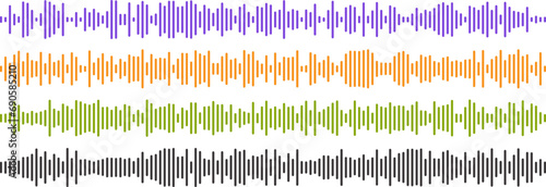 Set of four vector long sound waves of different intensities. Audio equalizer technology, pulse music. Audio player. Vector illustration.