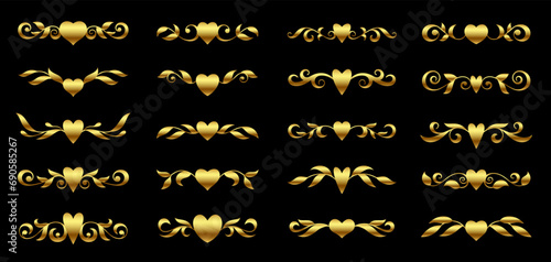 Gold heart shape text divider. Ornate floral element for luxury valentine card design. Jewelry golden brooch pin hairpin. Elegant book page separator