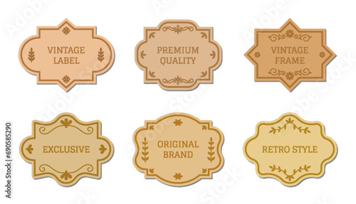 Vintage cardboard flat frame. Different shapes with retro pattern. Elegant blank stickers template for text badge, craft scrapbook price tag, product label. Victorian border luxury package sticker