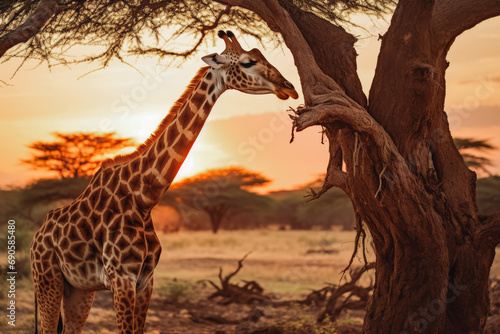 Giraffes and an african sunset being happy in Africa  Tanzania  Kenya. Free animals from zoo 