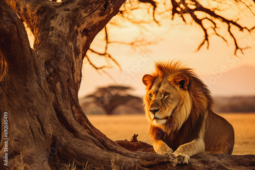 Strong and confident lion in Savanna in Africa. King of animals in sunset, tree in background in Tanzania, Kenya.