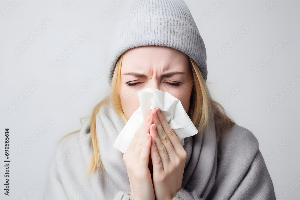 Woman wearing winter clothes with cold or influenza blowing nose with paper tissue Woman wearing winter clothes with cold or influenza blowing nose with paper tissue