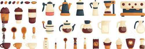A set of items for a coffee shop and barista. Coffee machines, cups, paper cups, teapots with coffee, jugs with milk, cakes and chocolate, coffee and chocolate beans. Cartoon style. photo