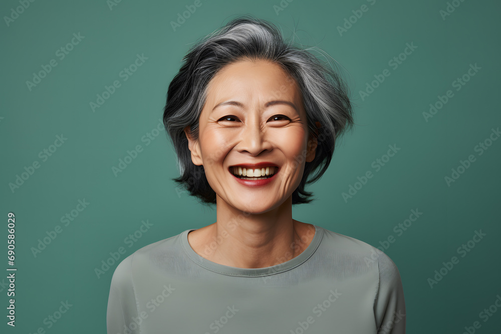 Happy mature Asian woman with dark hair with gray streakes on green studio background Happy mature Asian woman with dark hair with gray streakes on green studio background