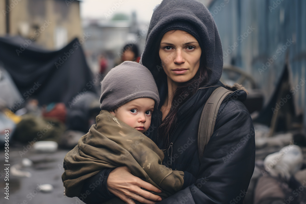 Young sad refugee woman with small child Young sad refugee woman with small child