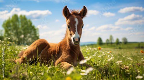 Foto Beautiful brown foal lying on green grass field