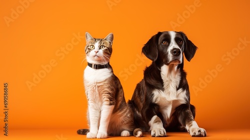 Dog and cat sitting for photo isolated on orange studio background