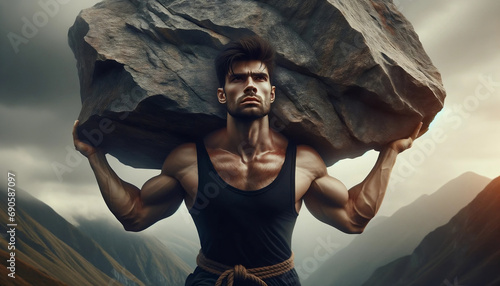 Hombre culturista y masculino con gran fuerza determinación mostrando resistencia sobrehumana al levantar una enorme roca en la montaña empinada - Metáfora a la resiliencia y la fuerza de voluntad