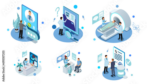 Health care. Online appointment with doctor. Patient treatment. Hospital insurance document. Healthcare technology. Electronic pharmaceutical service. Vector illustration icons set