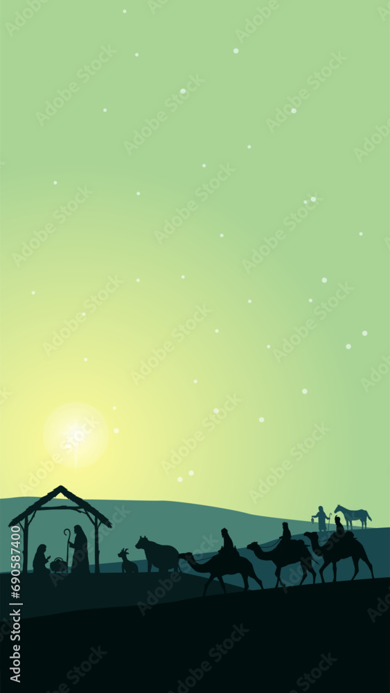 Illustration of Christmas Nativity scene with the three wise men 