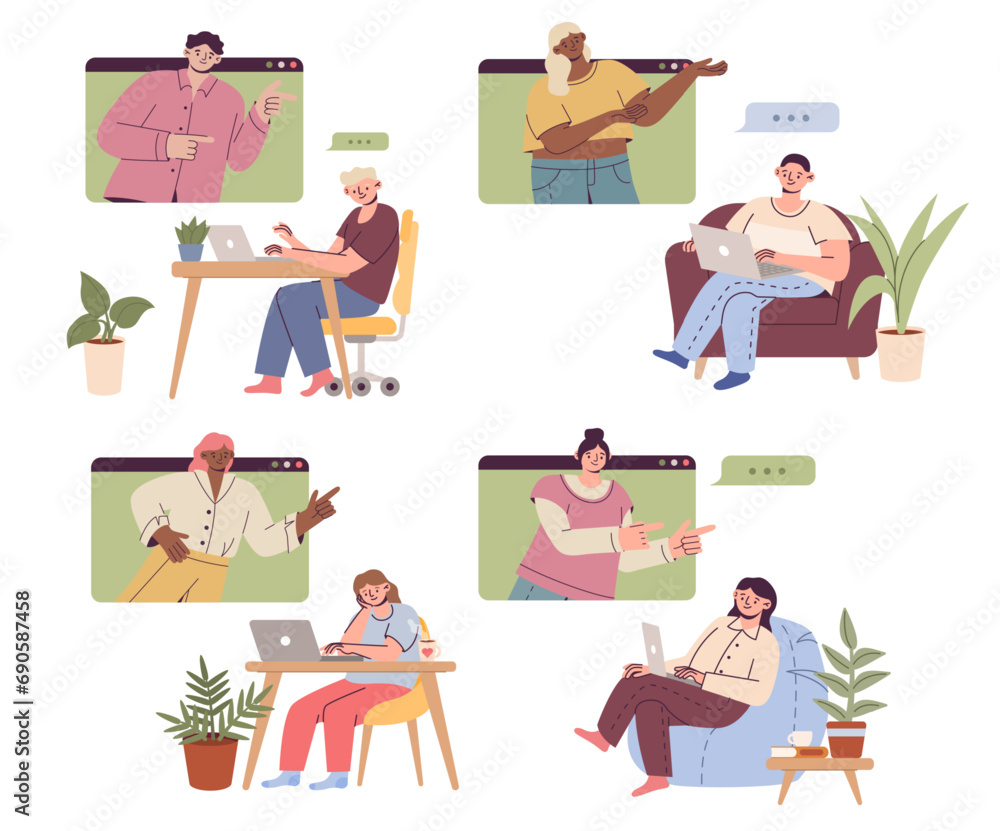 Online call. Men and woman sitting at desk and speaking with friends in internet chat. Digital video communication. Web conversation. Business conference. Vector cartoon flat illustration