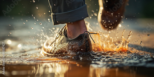 Close up photography of a man's feet stepping on water, water splashing, short exposure