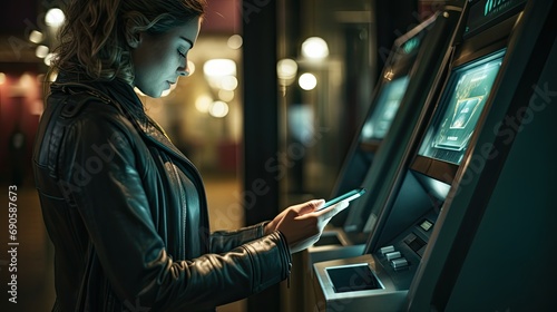 Young woman connects the phone with the ATM using NFC contactless.