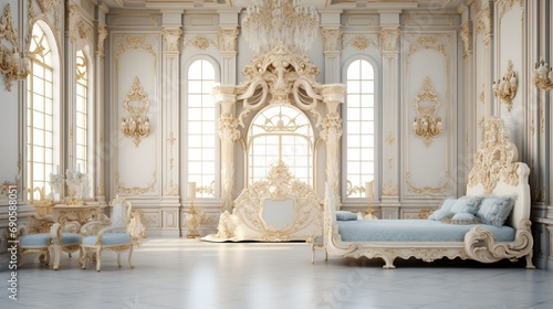 3D rendering of a luxury rococo bedroom with rich furniture and double window on balcony.