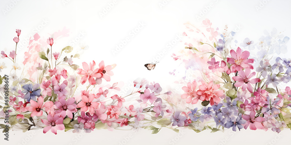 Colorful watercolor style bouquet of flowers Luxurious golden wallpaper Banner with watercolor purple flowers in a white background AI Generative