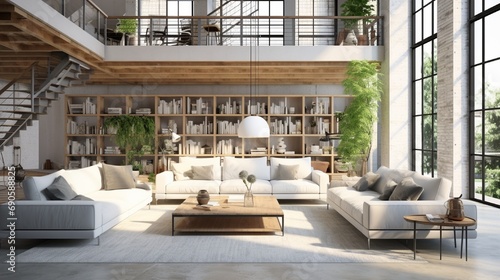 A 3d rendering of Modern Design Loft Living Room | Architecture White background
