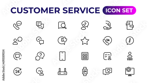 Customer service icon set. Containing customer satisfied, assistance, experience, feedback, operator and technical support icons.Thin outline icons pack. photo