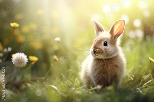 A fluffy rabbit on the background of a green sunny meadow . The symbol of the Easter holiday. The concept of a bright Easter holiday, Peace and Goodness