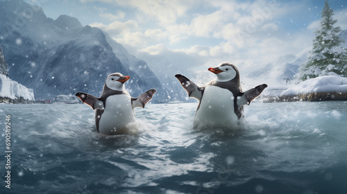 Splendeurs Glaciales : Manchots dans leur habitat polaire photo