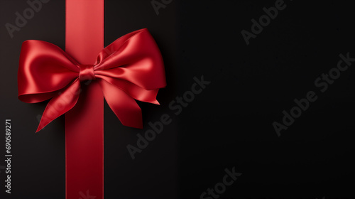 Red ribbon bow on black background. Festive adornment.