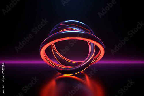 Abstract neon rings and shapes in a dark room