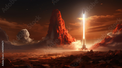 Leinwand Poster Rocket launching from Mars