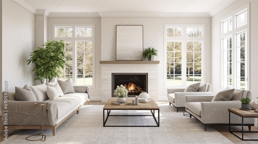 a bright and airy neutral beige gray living room den in a new construction house with a white and tiled fireplace as the main focal point as well as a decorative rug and lots of natural window light - obrazy, fototapety, plakaty 