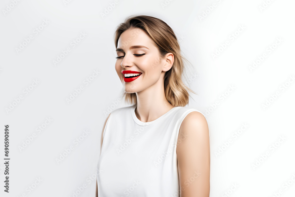 Beautiful happy white caucasian woman with short natural blond hair , smiling openly with red lips and closed eyes. studio commercial portrait, flat background