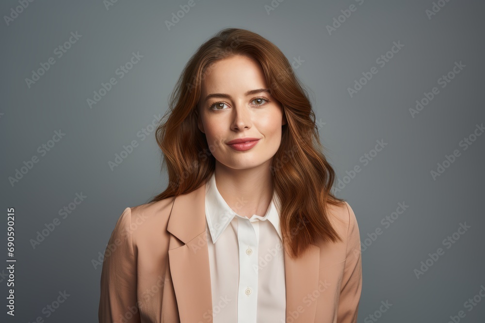 Portrait of young businesswoman in beige suit on grey background Portrait of young businesswoman in beige suit on grey background