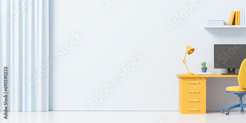 Fototapeta Naklejka Na Ścianę i Meble -  Cartoon ceo interior with desk and computer, shelf and mockup wall