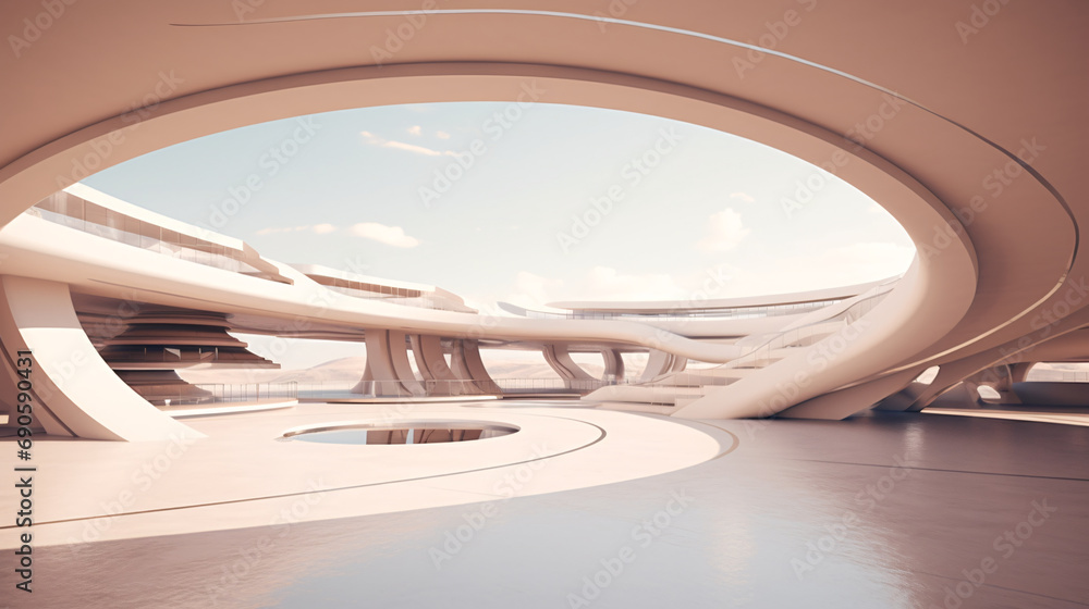 Open space beige-colored futuristic architecture, 3D rendering with empty space for product presentation Open space beige-colored futuristic architecture, 3D rendering with empty space for product presentation