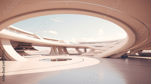 Open space beige-colored futuristic architecture, 3D rendering with empty space for product presentation