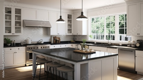 a kitchen with white cabinets and black counter tops on the island in front of the sink is next to the stove