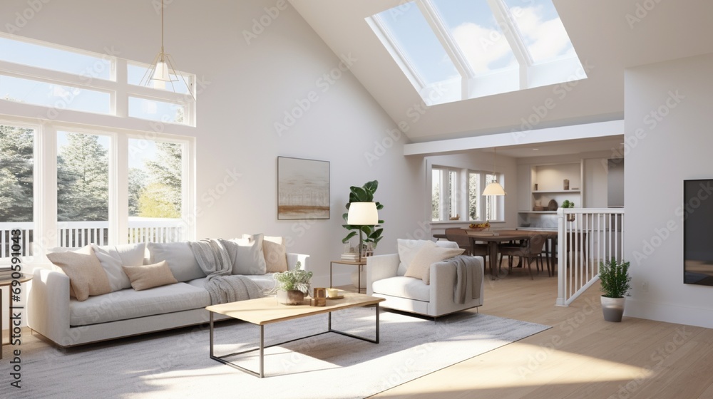 A light and bright open concept living room den with vaulted ceilings in a new construction house. - obrazy, fototapety, plakaty 