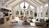 A light and bright open concept living room den with vaulted ceilings in a new construction house.