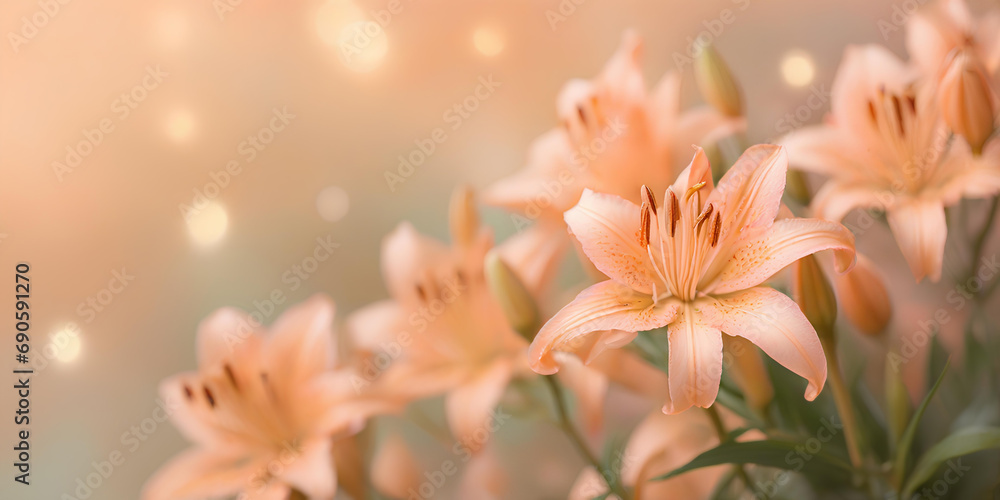 Bouquet of lilies on blurred bokeh background in trendy Peach Fuzz color. Elegant backdrop for holiday banners, posters, cards Bouquet of lilies on blurred bokeh background in trendy Peach Fuzz color. Elegant backdrop for holiday banners, posters, cards