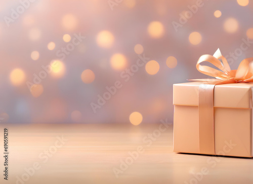Gift box with ribbon and tied bow on blurred bokeh background in trendy Peach Fuzz color. Elegant backdrop for holiday banners, posters, cards photo
