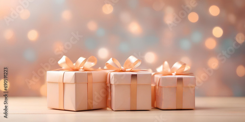 Gift boxes with ribbon and tied bow on blurred bokeh background in trendy Peach Fuzz color. Elegant backdrop for holiday banners, posters, cards photo