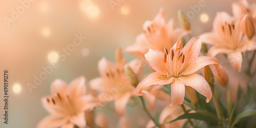 Bouquet of lilies on blurred bokeh background in trendy Peach Fuzz color. Elegant backdrop for holiday banners  posters  cards