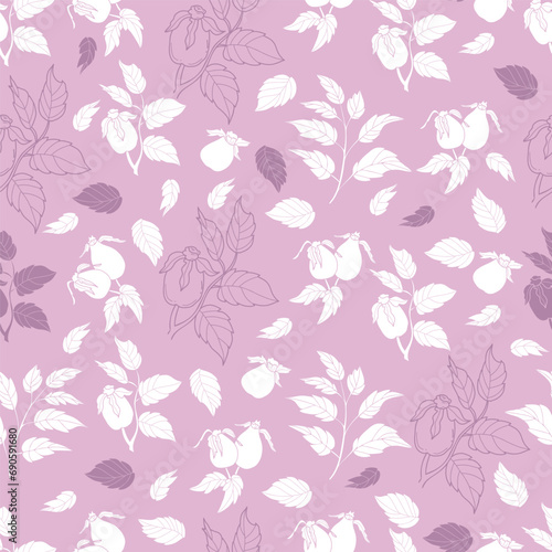 Rosehip seamless pattern branch briar with fruit on pink background. Vector Illustration hand drawn for wallpaper, design, textile, packaging, decor