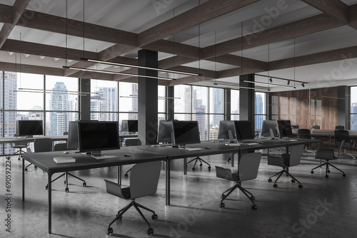 Gray open space office and meeting room corner with columns © ImageFlow