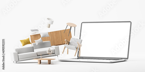 Mock up laptop screen with home furniture website, purchase and buy