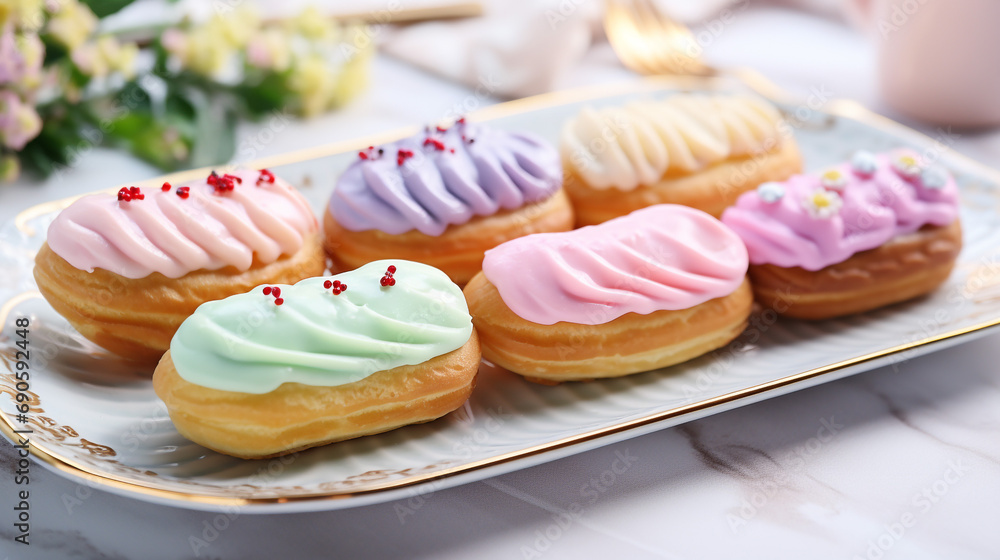 Illustration of colorful cute pastel eclairs laid out on a platter, in soft pastel colors and a spring black background. Illustration of colorful cute pastel eclairs laid out on a platter, in soft pastel colors and a spring black background.