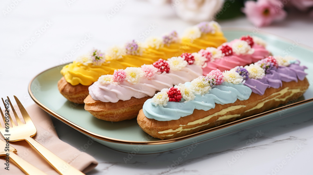 Illustration of colorful cute pastel eclairs laid out on a platter, in soft pastel colors and a spring black background. Illustration of colorful cute pastel eclairs laid out on a platter, in soft pastel colors and a spring black background.