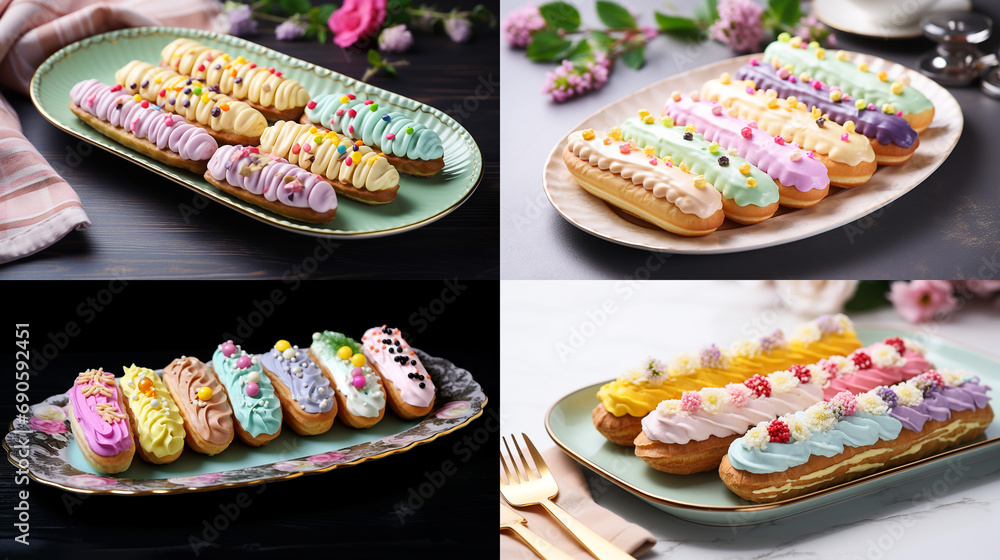 Illustration of colorful cute pastel eclairs laid out on a platter, in soft pastel colors and a spring black background.