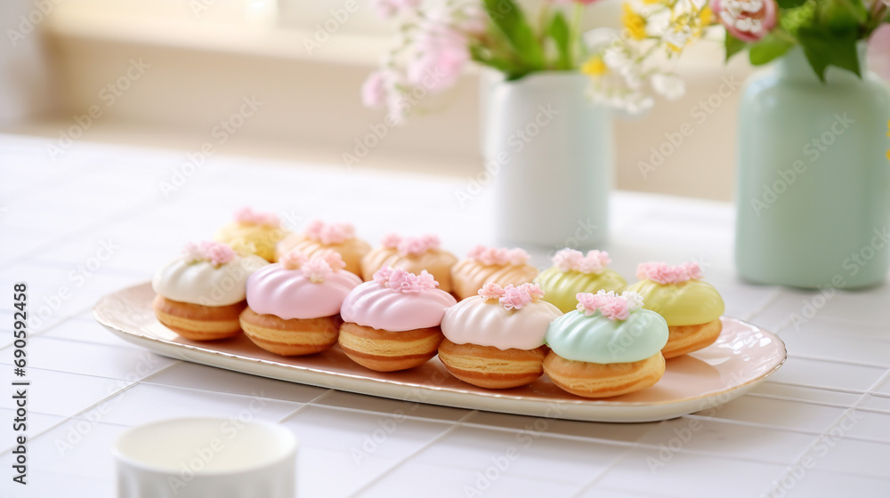 Illustration of colorful cute pastel eclairs laid out on a platter, in soft pastel colors and a spring black background.