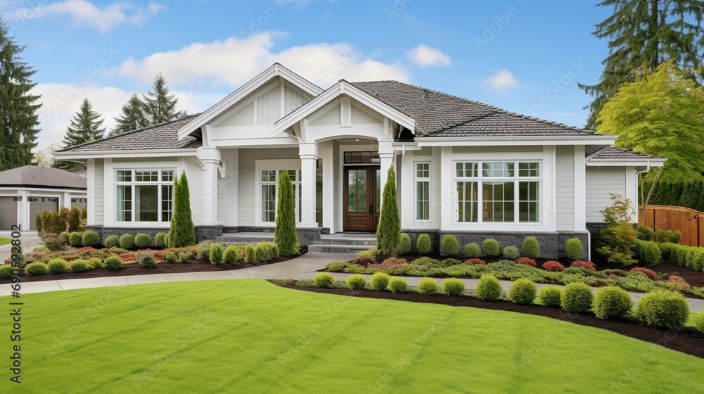 Beautiful exterior of newly built luxury home. Yard with green grass and walkway lead to ornately designed covered porch and front entrance