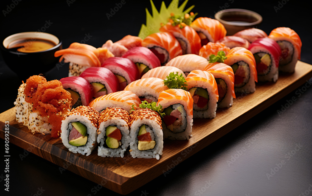 sumptuous sushi platter on dark background sumptuous sushi platter on dark background