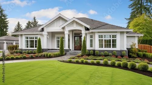 Beautiful exterior of newly built luxury home. Yard with green grass and walkway lead to ornately designed covered porch and front entrance